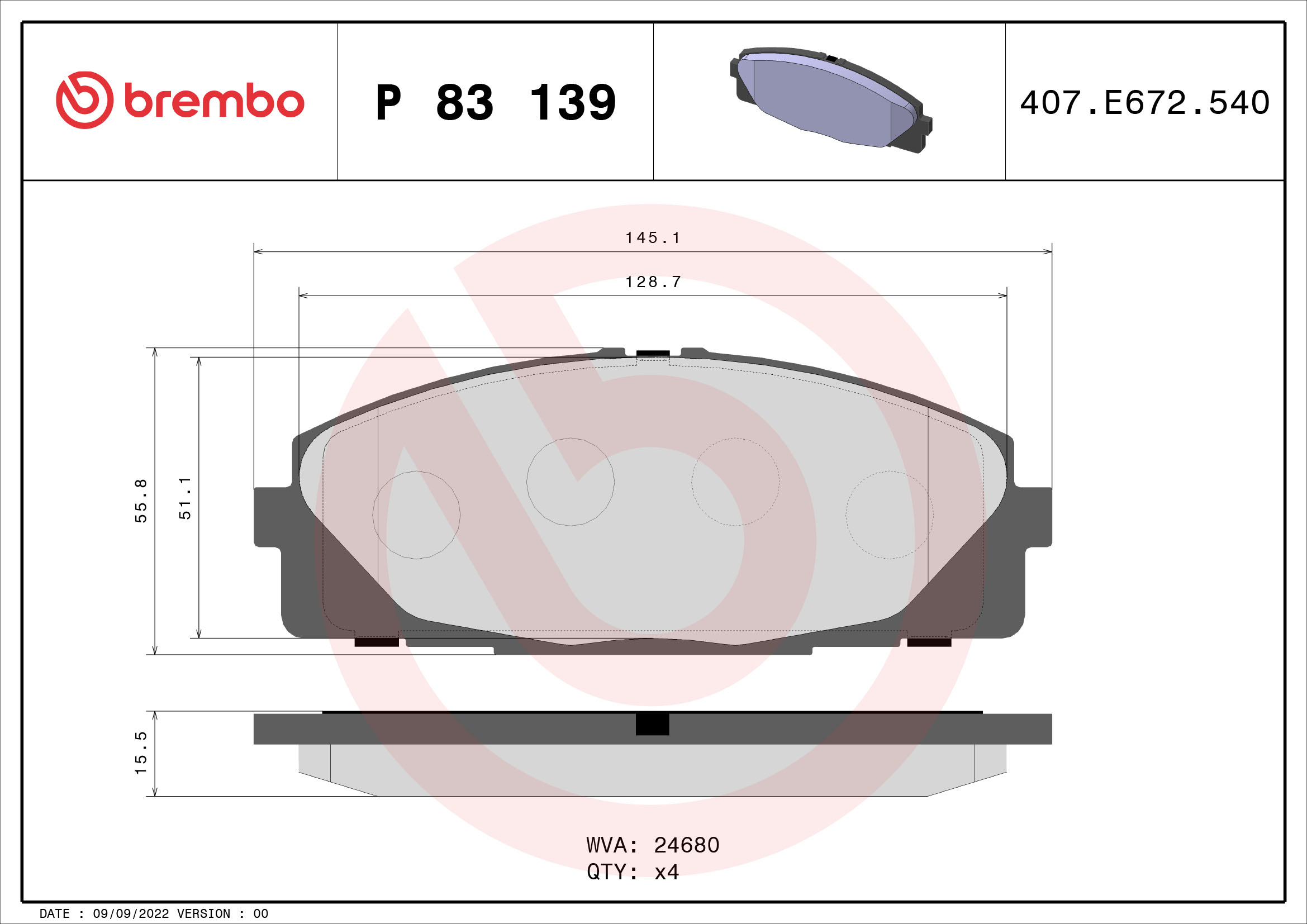 A.B.S. P 83 139 BREMBO Bremsbelagsatz, Scheibenbremse